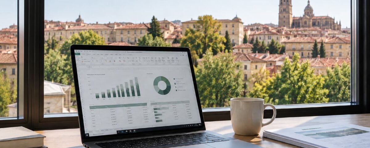 Ordenador con datos de huella de carbono en una oficina con vistas a Salamanca