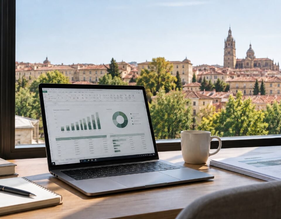 Ordenador con datos de huella de carbono en una oficina con vistas a Salamanca