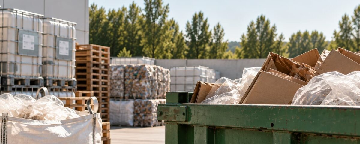 Contenedor con residuos de cartón y plástico en una instalación de gestión de residuos