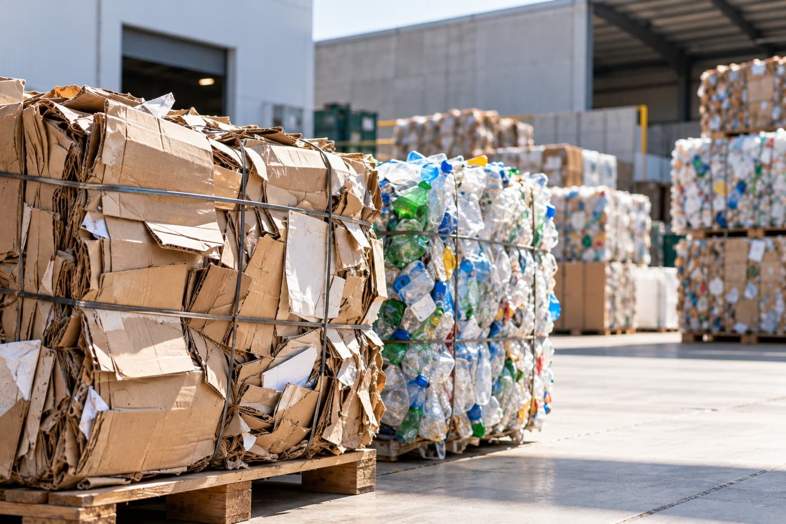 Balas de cartón y botellas de plástico compactadas y almacenadas en una instalación de reciclaje